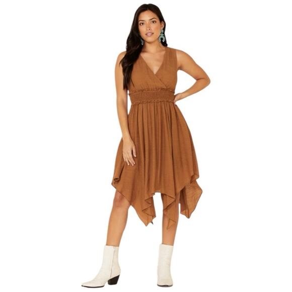 Wishlist Brown Rayon Midi Dress M Sleeveless V-Neck Smocked Waist Boho Hem - Picture 2 of 8